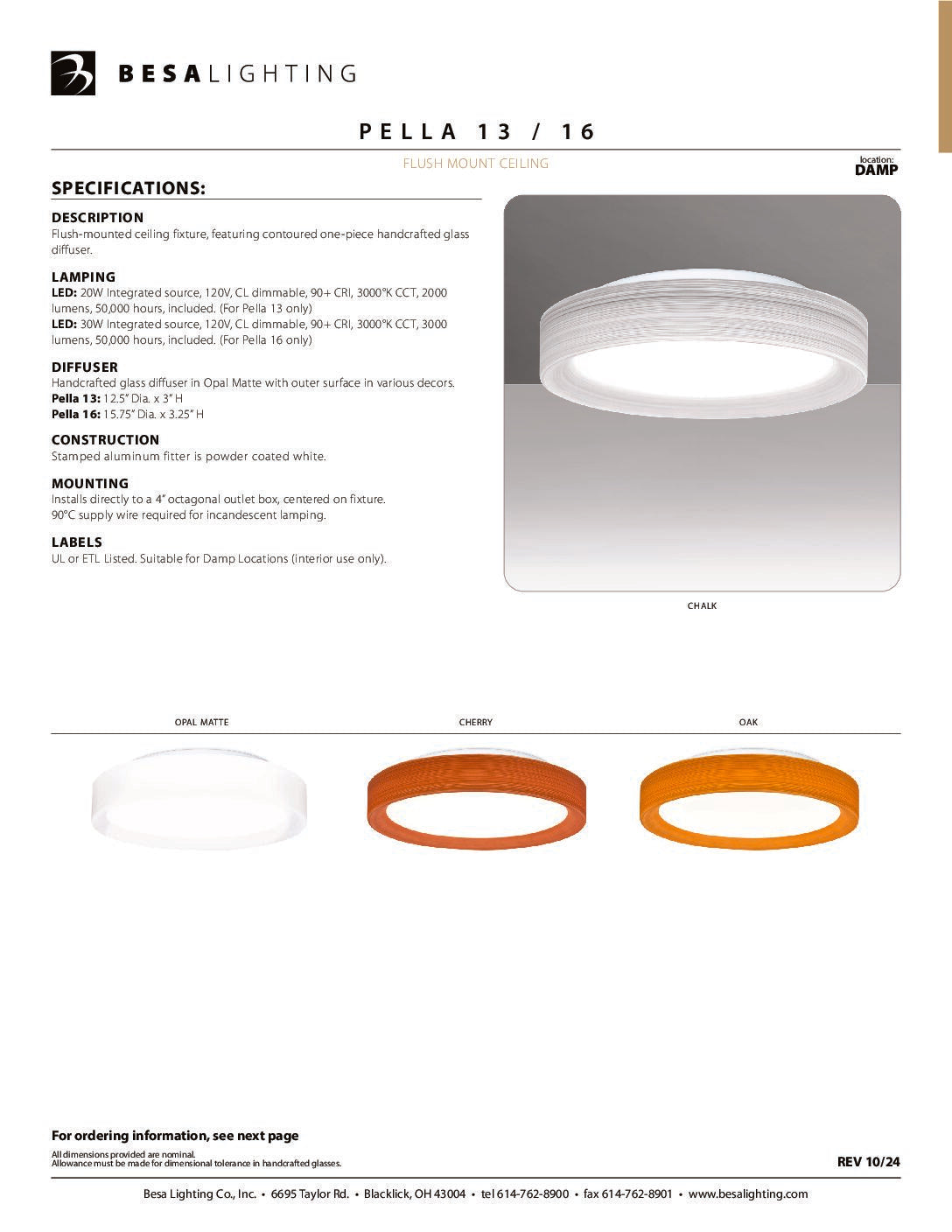 Besa Pella 13 specification sheet with dimension drawing