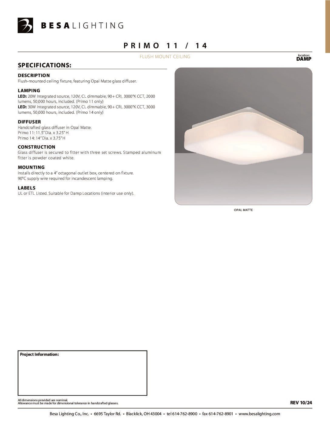 Besa Primo 11 specification sheet with dimension drawing