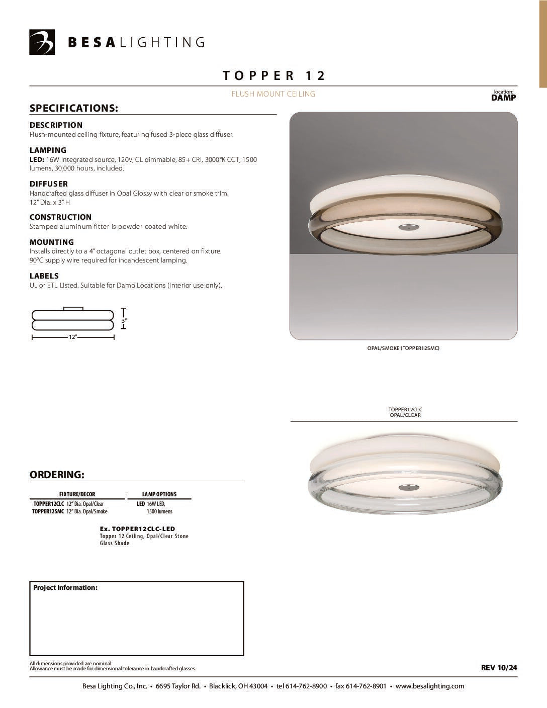 Besa Topper 12 specification sheet with dimension drawing