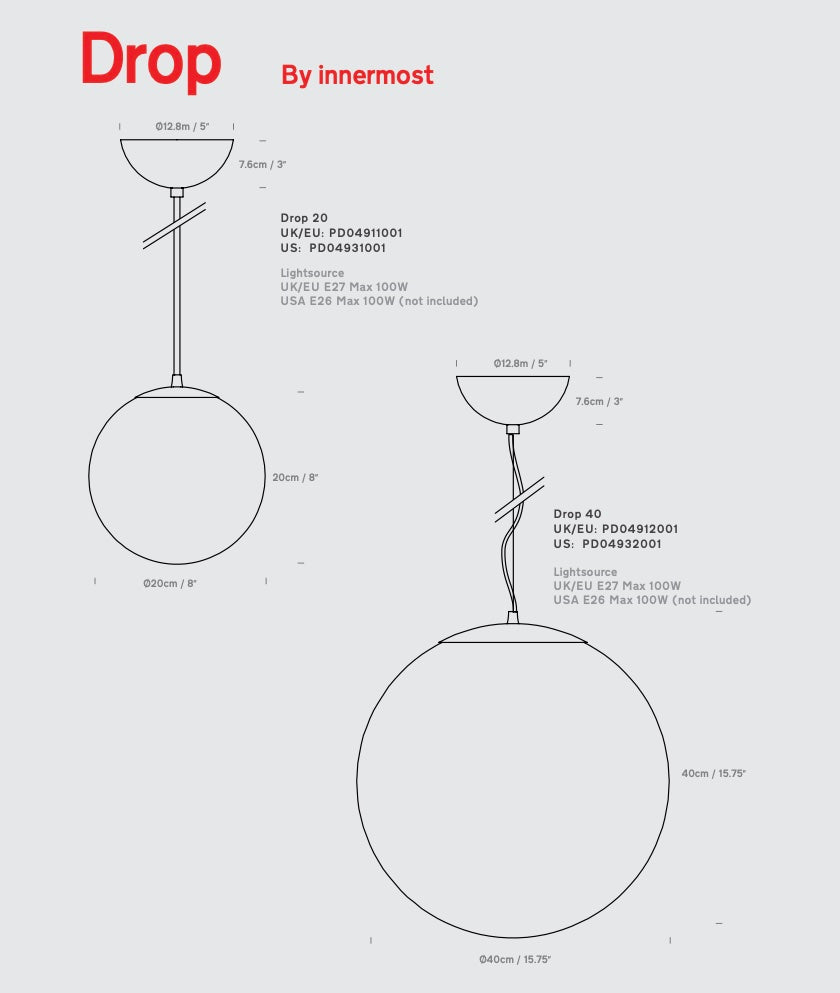 Innermost Drop glass globe pendant by Innermost – dimension drawing