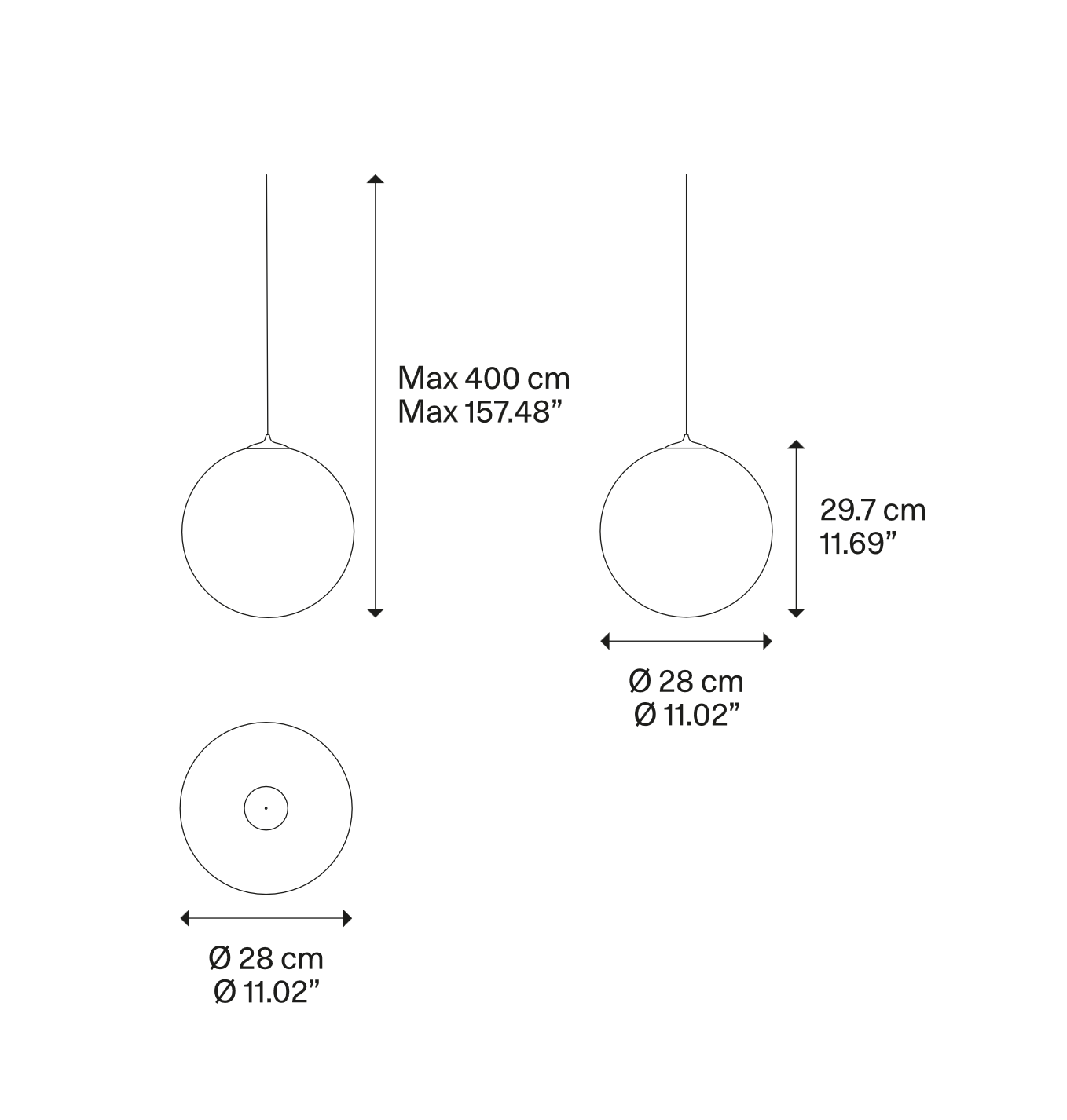 Dimensions of the Lodes Random Solo Random 28 glass globe LED pendant light with size measurements