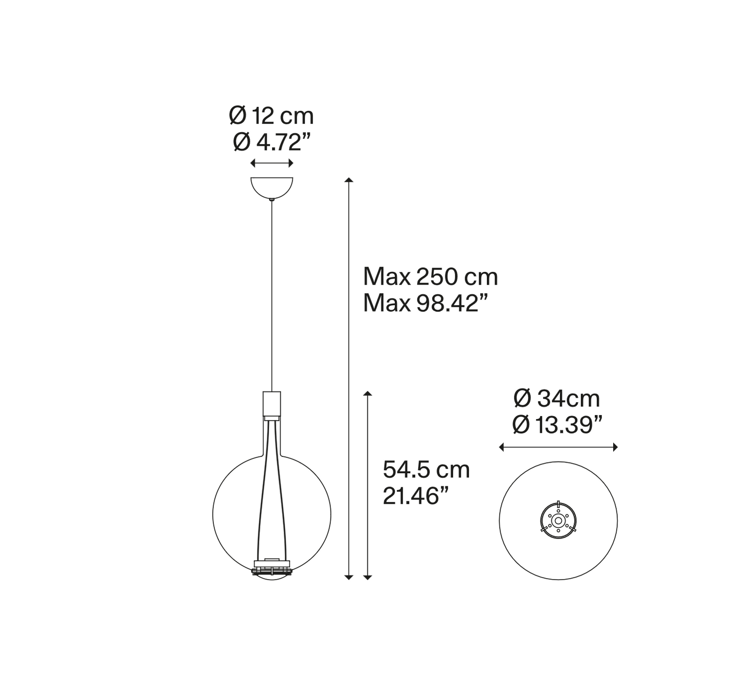 Technical line drawing of the Lodes Sky-Fall Round Large hand-blown glass pendant with overall dimensions and canopy details