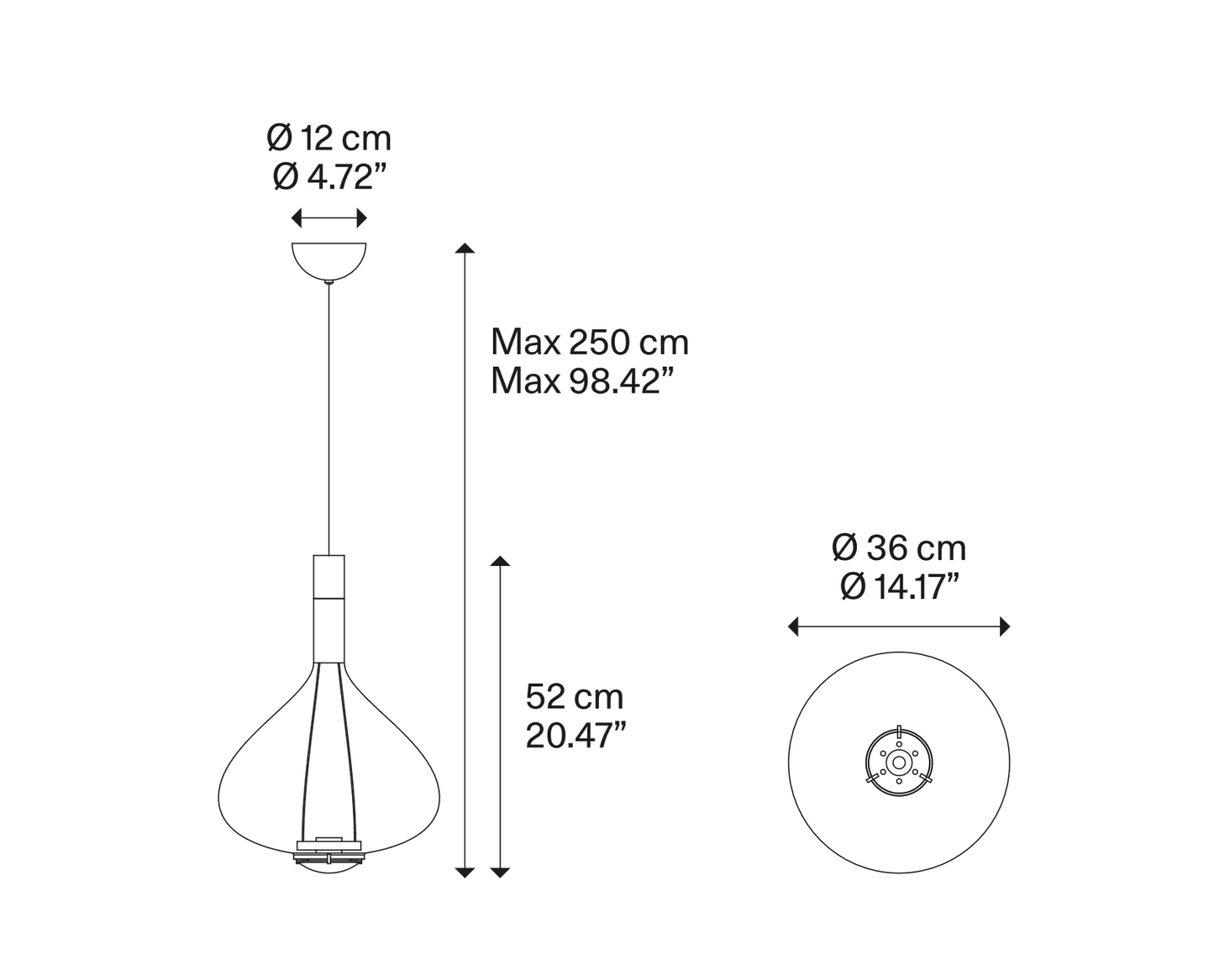 Technical line drawing of the Lodes Sky-Fall Large hand-blown glass pendant light