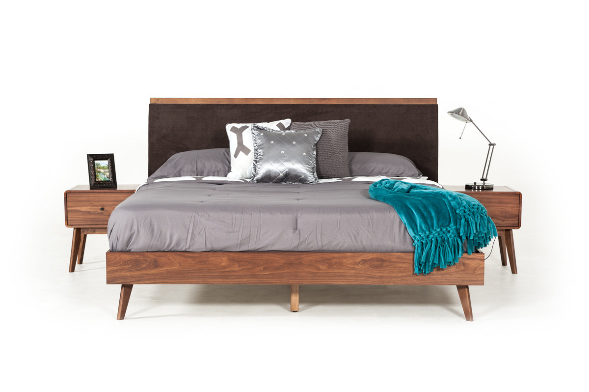 Modrest Marshall Mid-Century Modern Brown Fabric and Walnut Bedroom Set