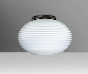 Besa Pape 12 Opal Ribbed semi-flush lit, showing the ridged glow