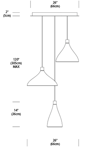 Pablo Designs Swell 3-Pendant Chandelier dimensional view with scale reference
