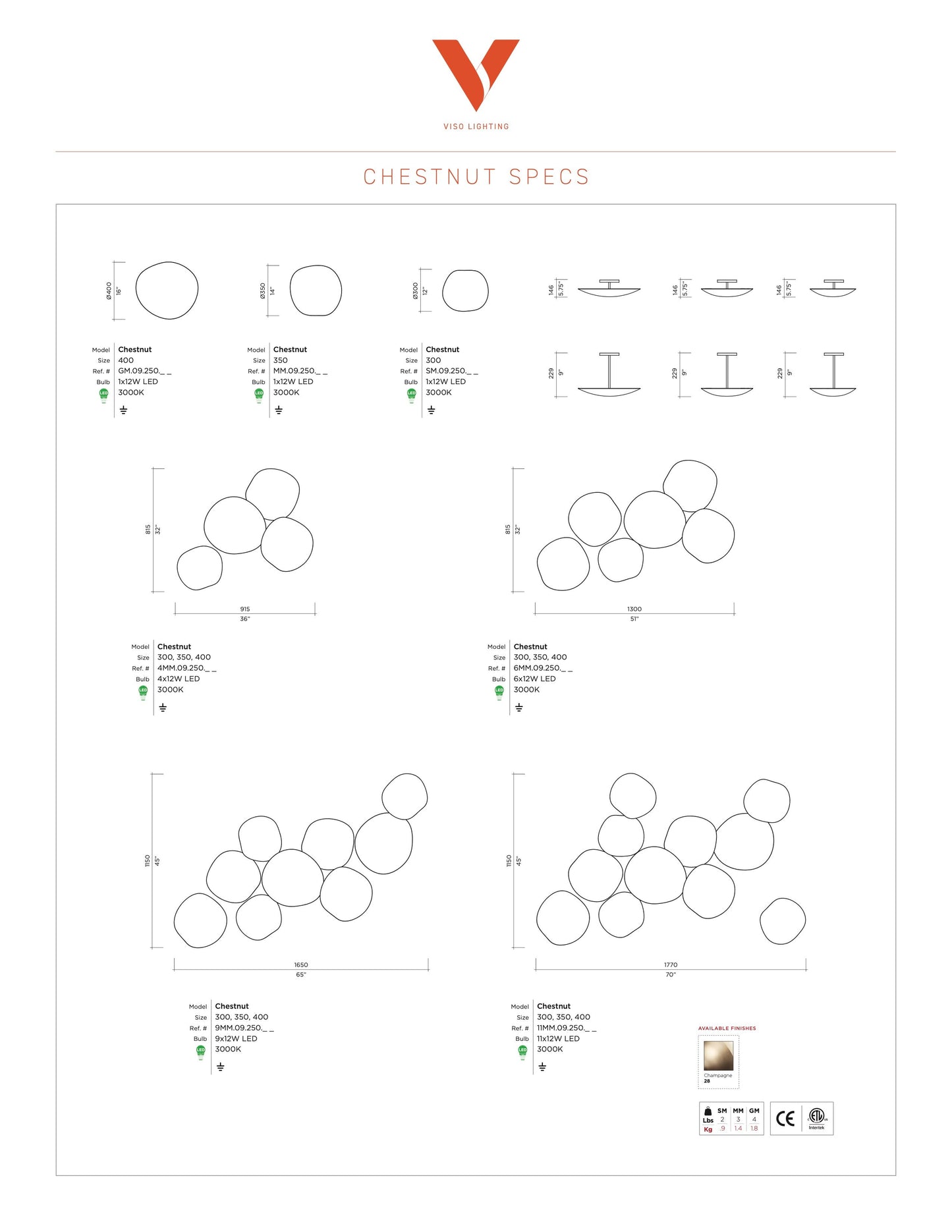 Chestnut 9 Light Cluster Wall Ceiling Led by Viso Lighting