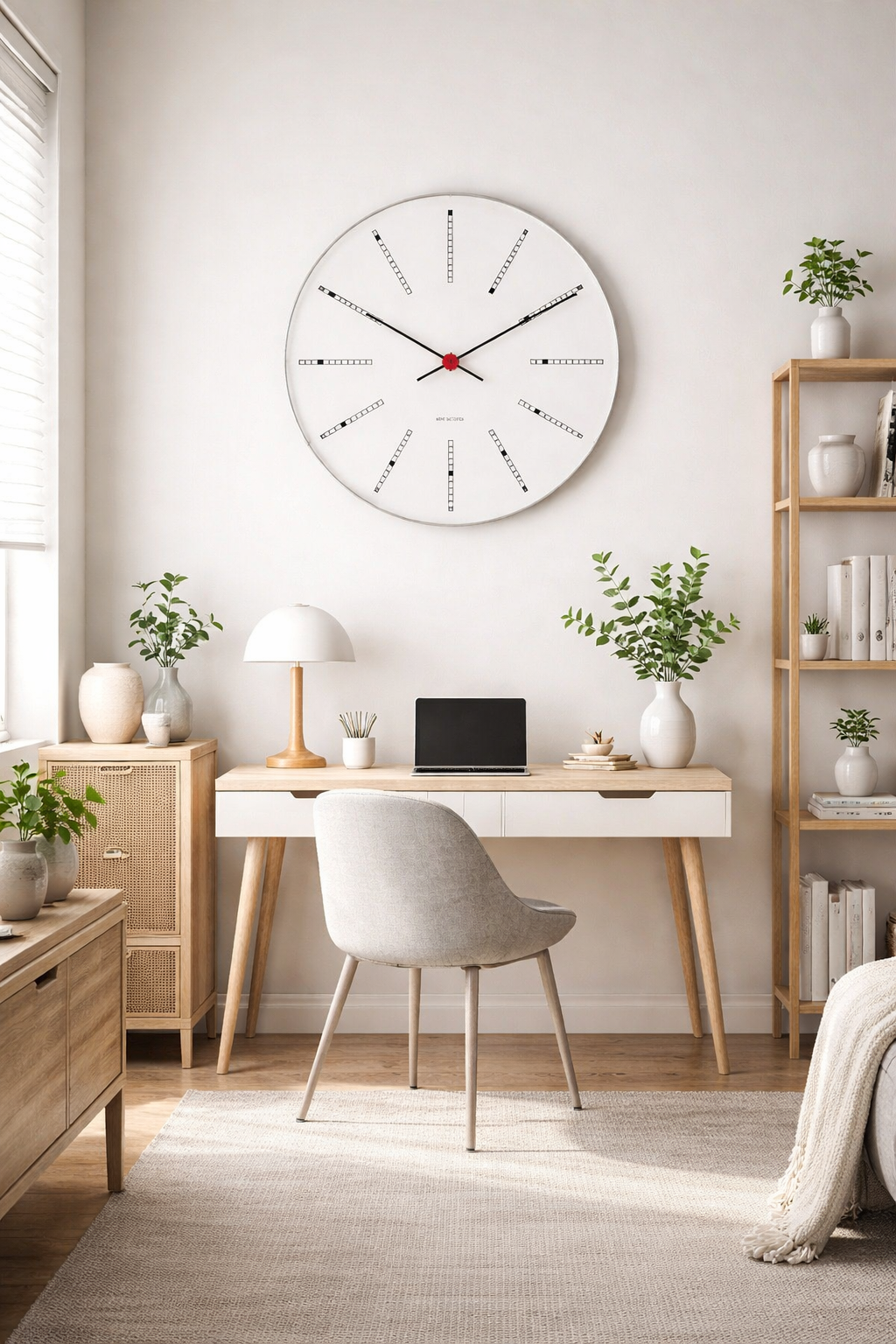 Arne Jacobsen Bankers Wall Clock styled in a modern Scandinavian home office with minimalist desk and neutral decor