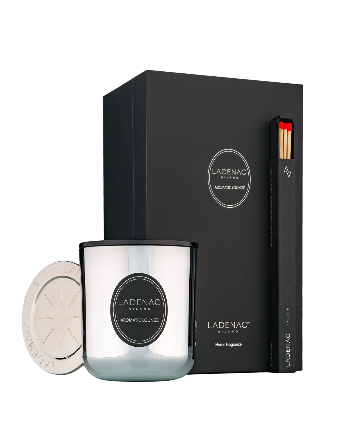 Urban Senses 200 g scented candle by Ladenac Milano, Aromatic Lounge candle beside its black gift box