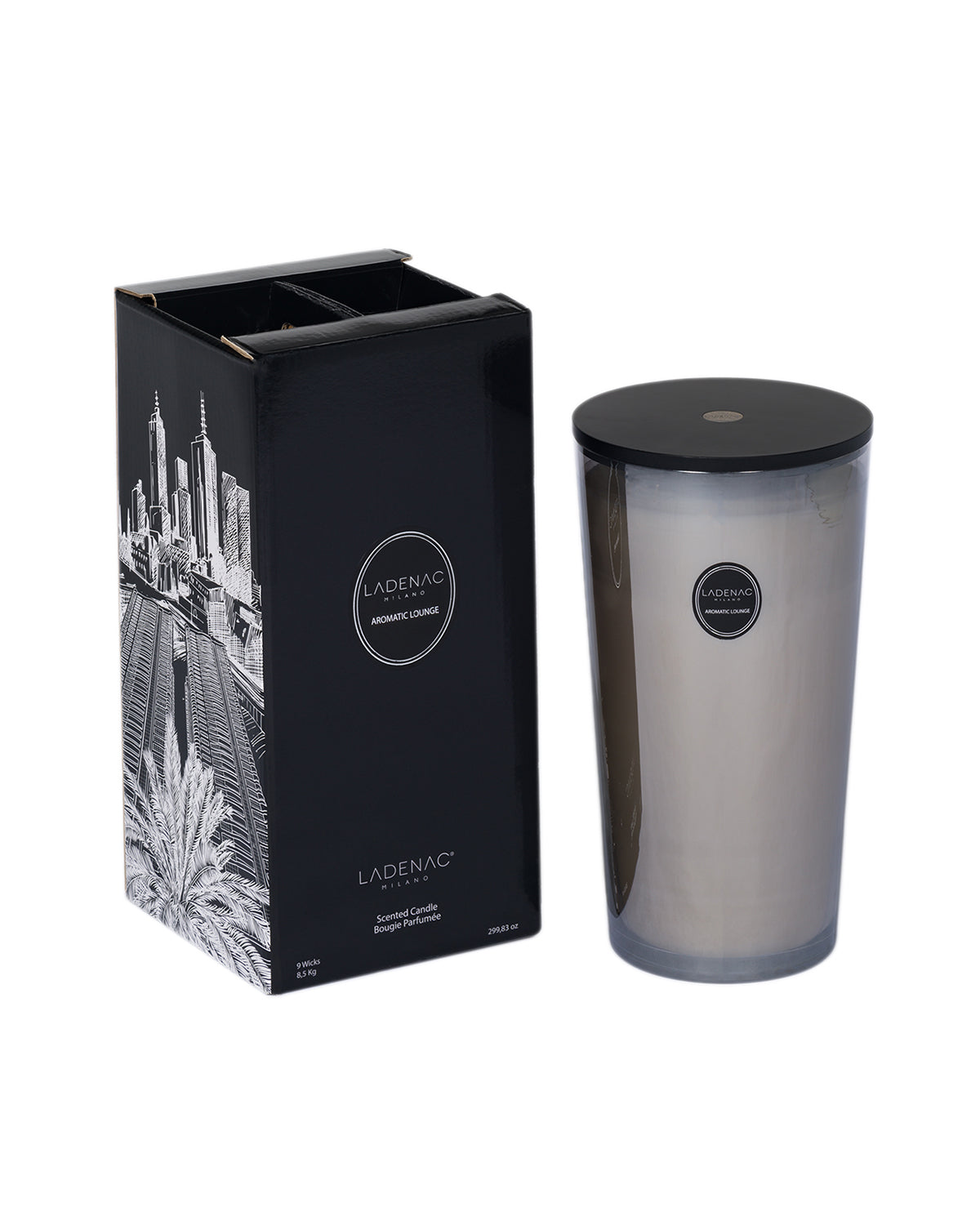 Urban Senses 8.5 kg seven-wick candle by Ladenac Milano, Aromatic Lounge candle in silver-grey glass with its gift box