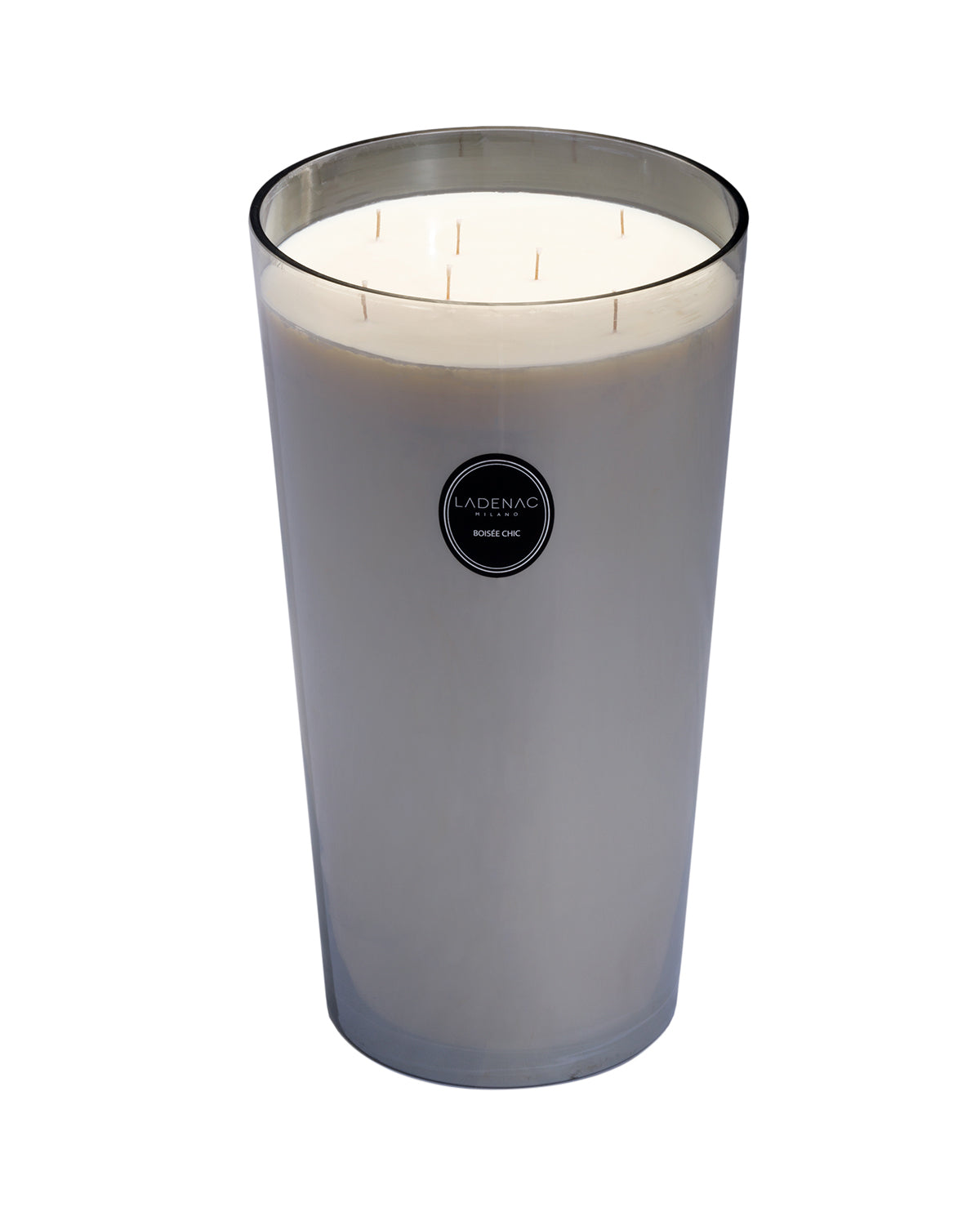 Urban Senses 8.5 kg seven-wick candle by Ladenac Milano, Boisée Chic seven-wick candle in a silver-grey metallic glass vessel
