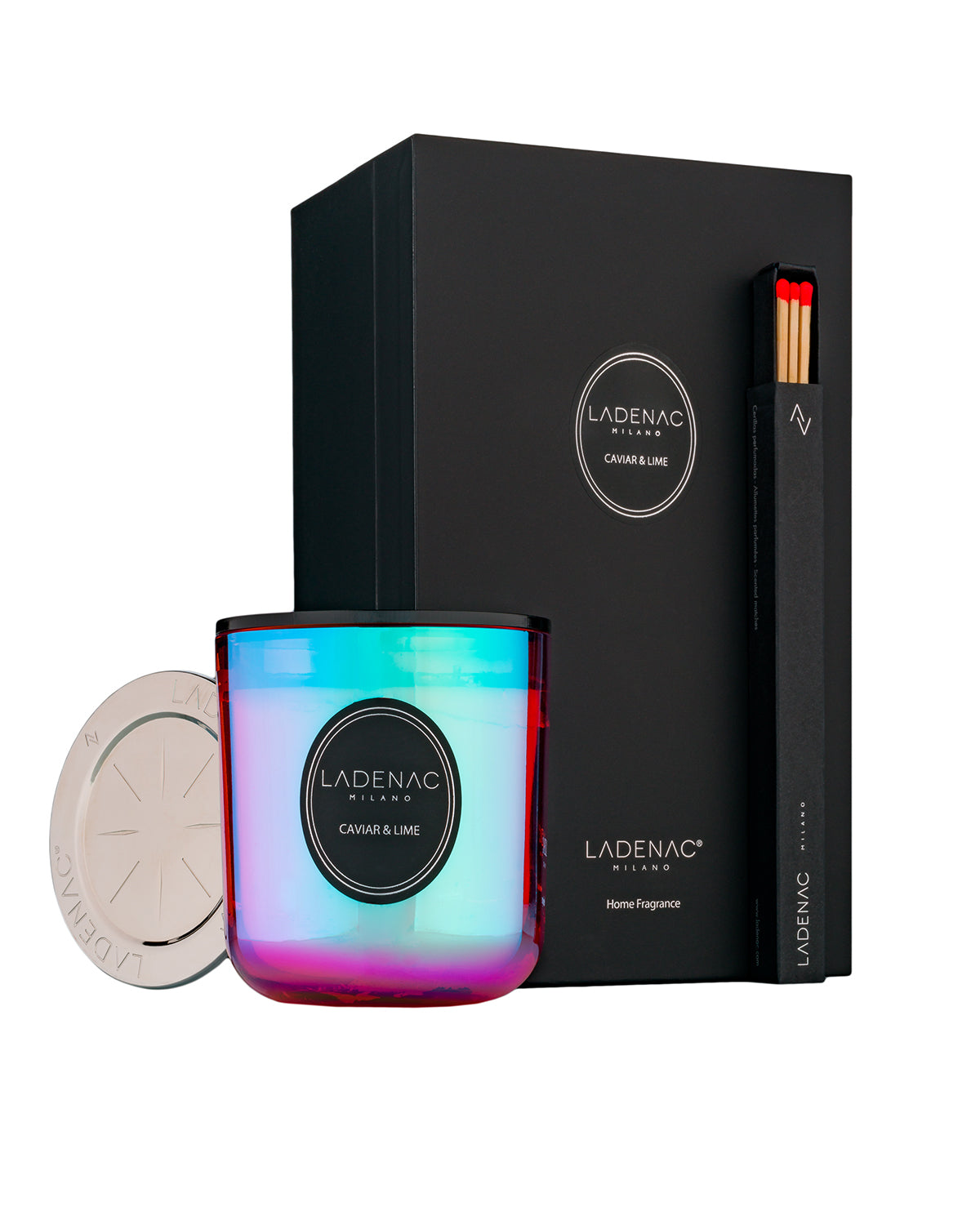 Urban Senses 200 g scented candle by Ladenac Milano, Caviar Lime iridescent candle beside its gift box