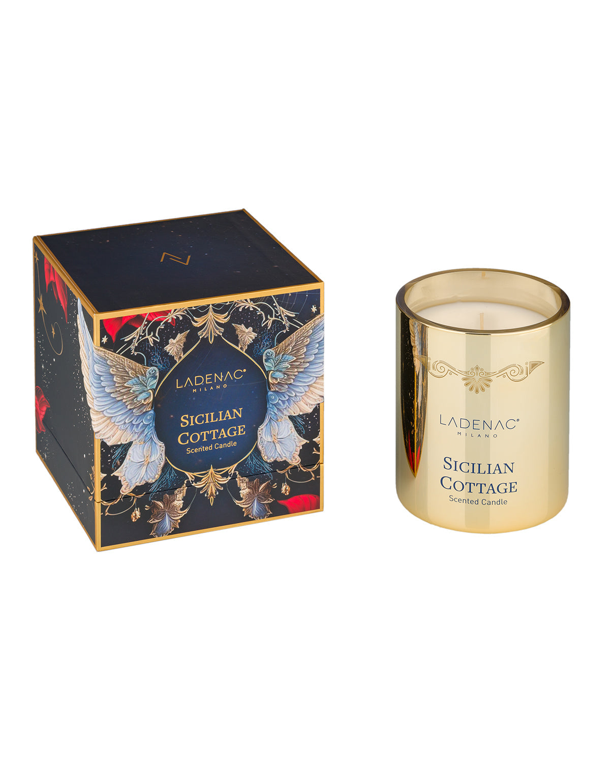 Sicilian Cottage 330 g scented candle by Ladenac Milano, gold candle jar on white