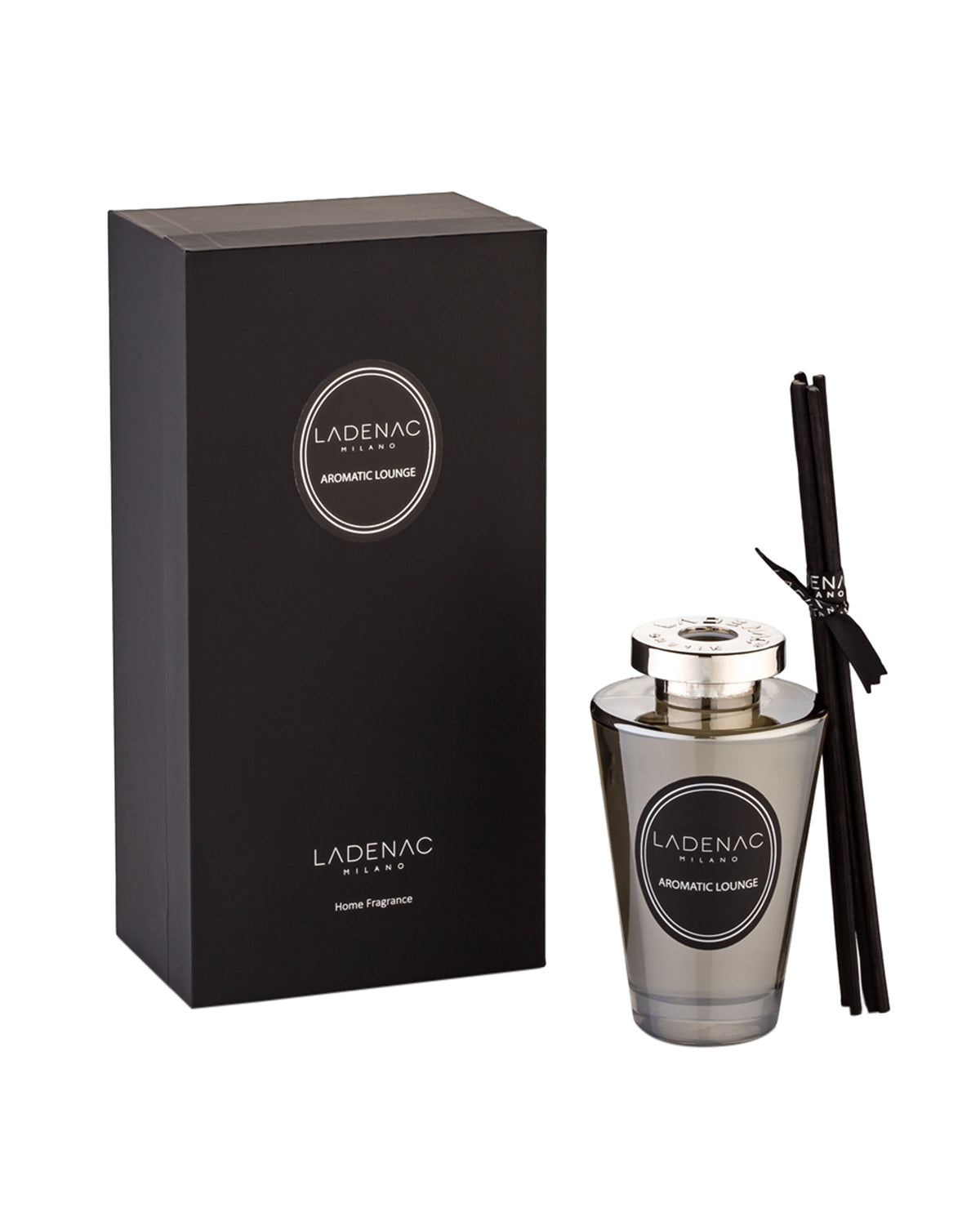 Urban Senses reed diffuser 200 ml by Ladenac Milano, Aromatic Lounge bottle with its black gift box and reeds