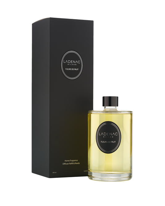 Urban Senses diffuser refill 500 ml by Ladenac Milano, Fleurs de Fruit refill bottle beside its black box
