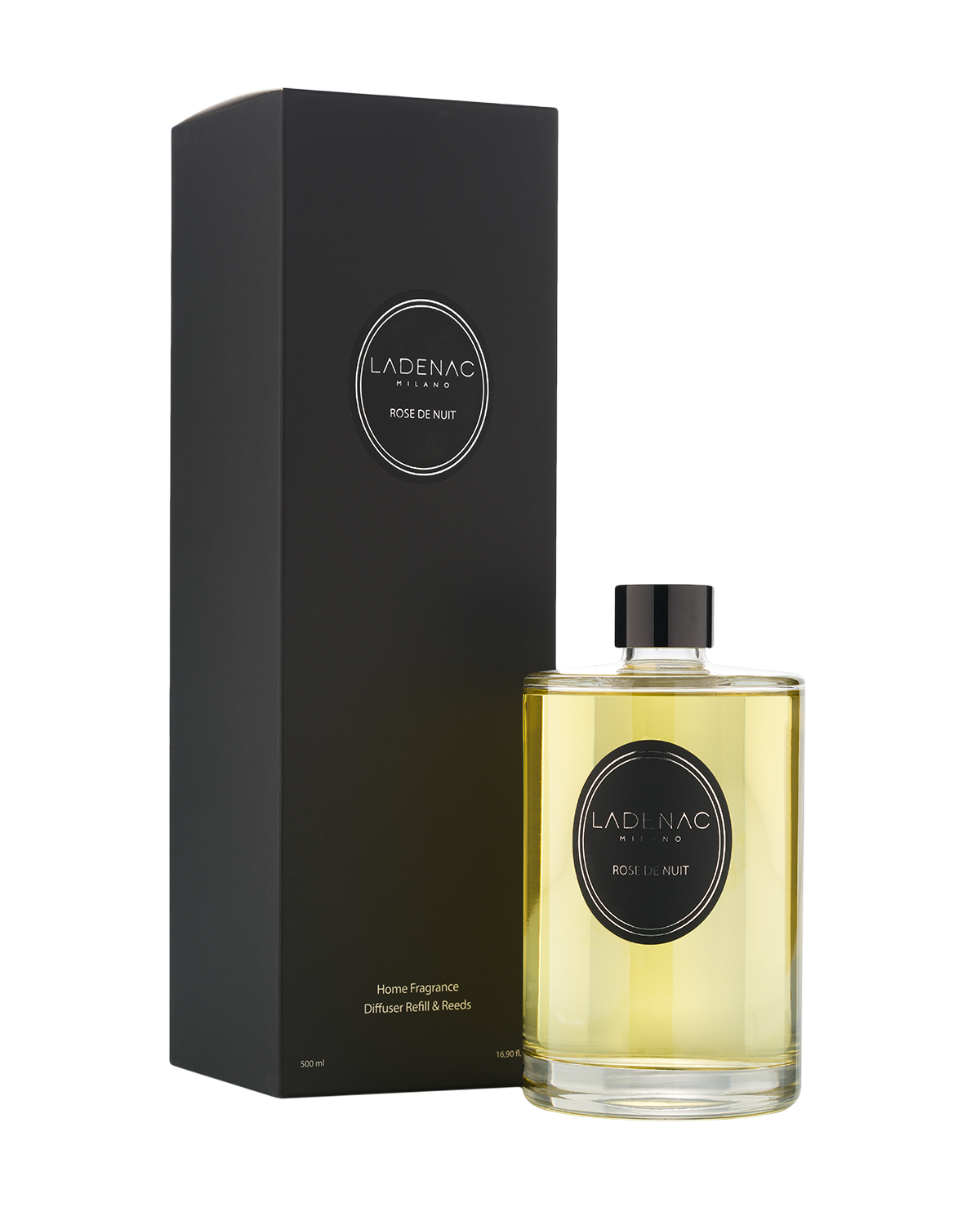 Urban Senses diffuser refill 500 ml by Ladenac Milano, Rose de Nuit refill bottle beside its black box