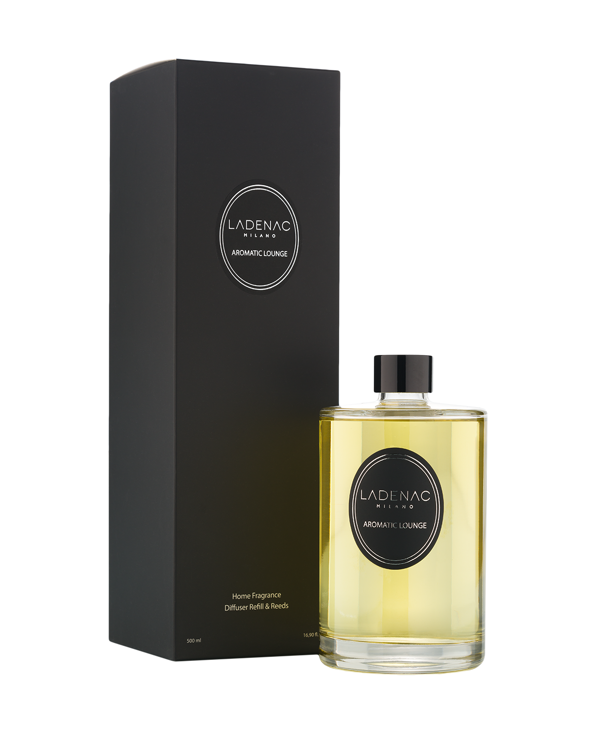 Urban Senses diffuser refill 500 ml by Ladenac Milano, Aromatic Lounge refill bottle beside its black box