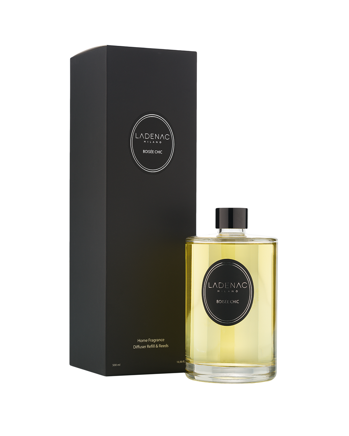 Urban Senses diffuser refill 500 ml by Ladenac Milano, Boisée Chic refill bottle beside its black box