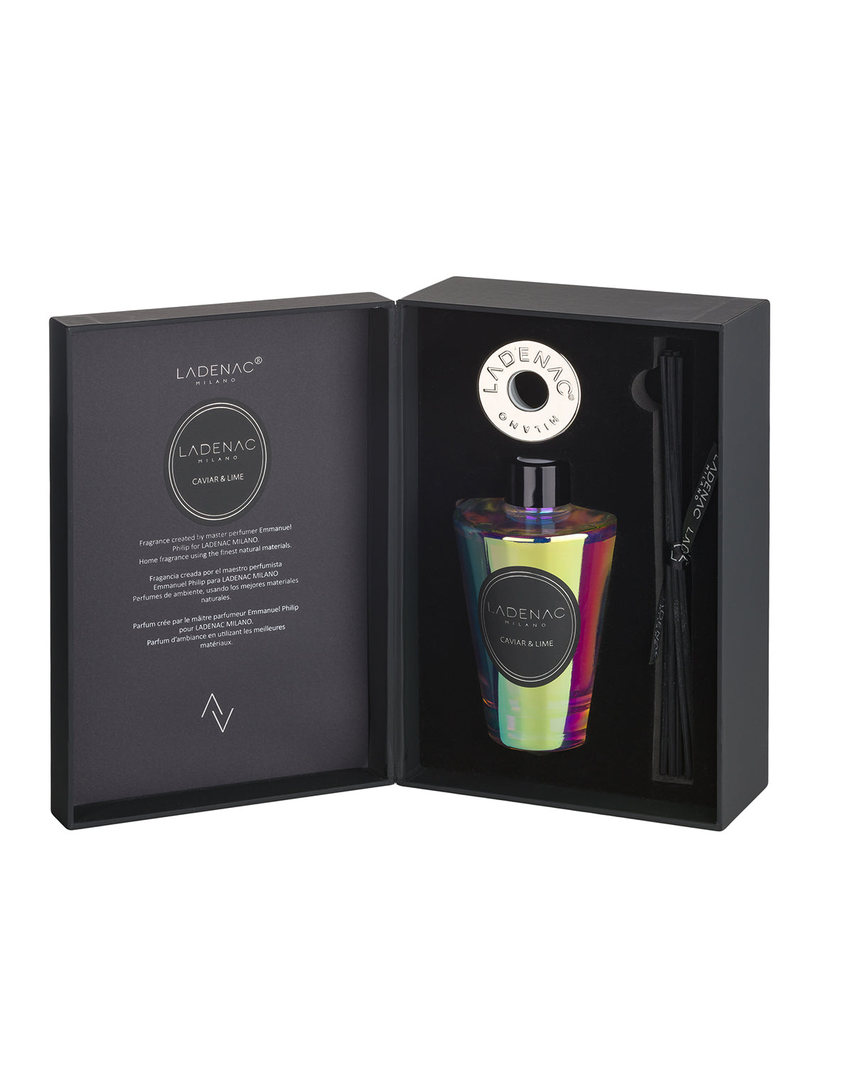 Urban Senses reed diffuser 200 ml by Ladenac Milano, Caviar Lime iridescent bottle in its open gift box