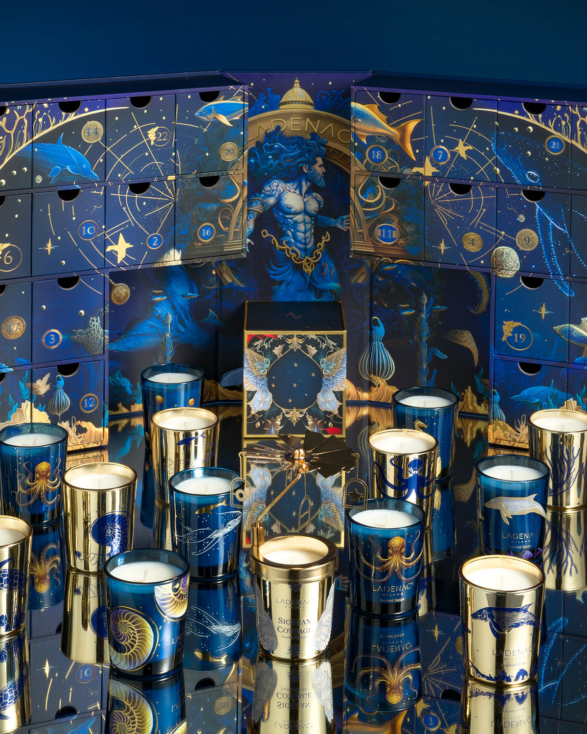 Ladenac Milano Colapesce advent calendar, votives in cobalt blue and gold glass