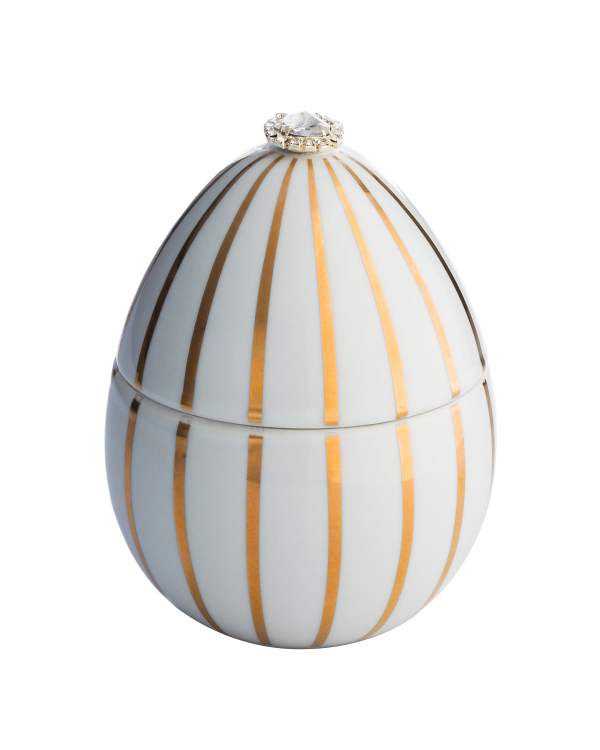 Bois de Russie 220 g ceramic egg candle by Ladenac Milano, White Gold Stripes egg candle