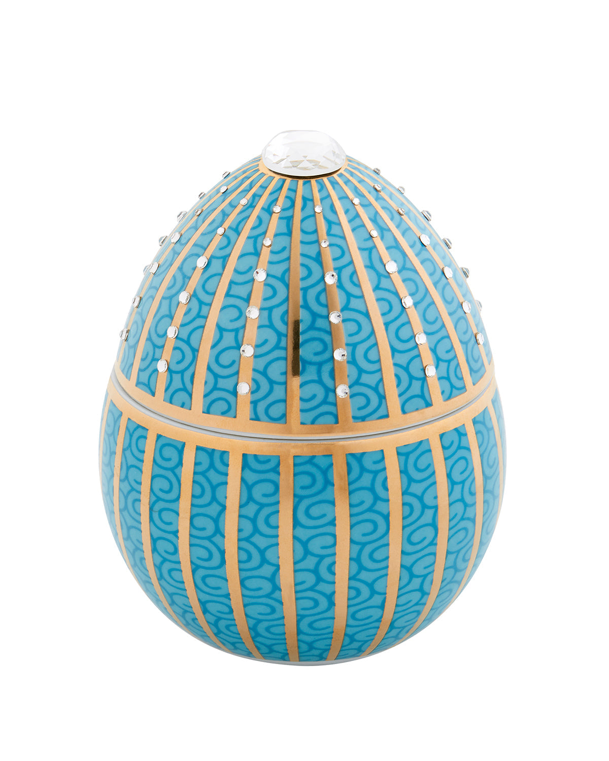 Bois de Russie 220 g ceramic egg candle by Ladenac Milano, Light Blue Golden Stripes with Crystals egg candle