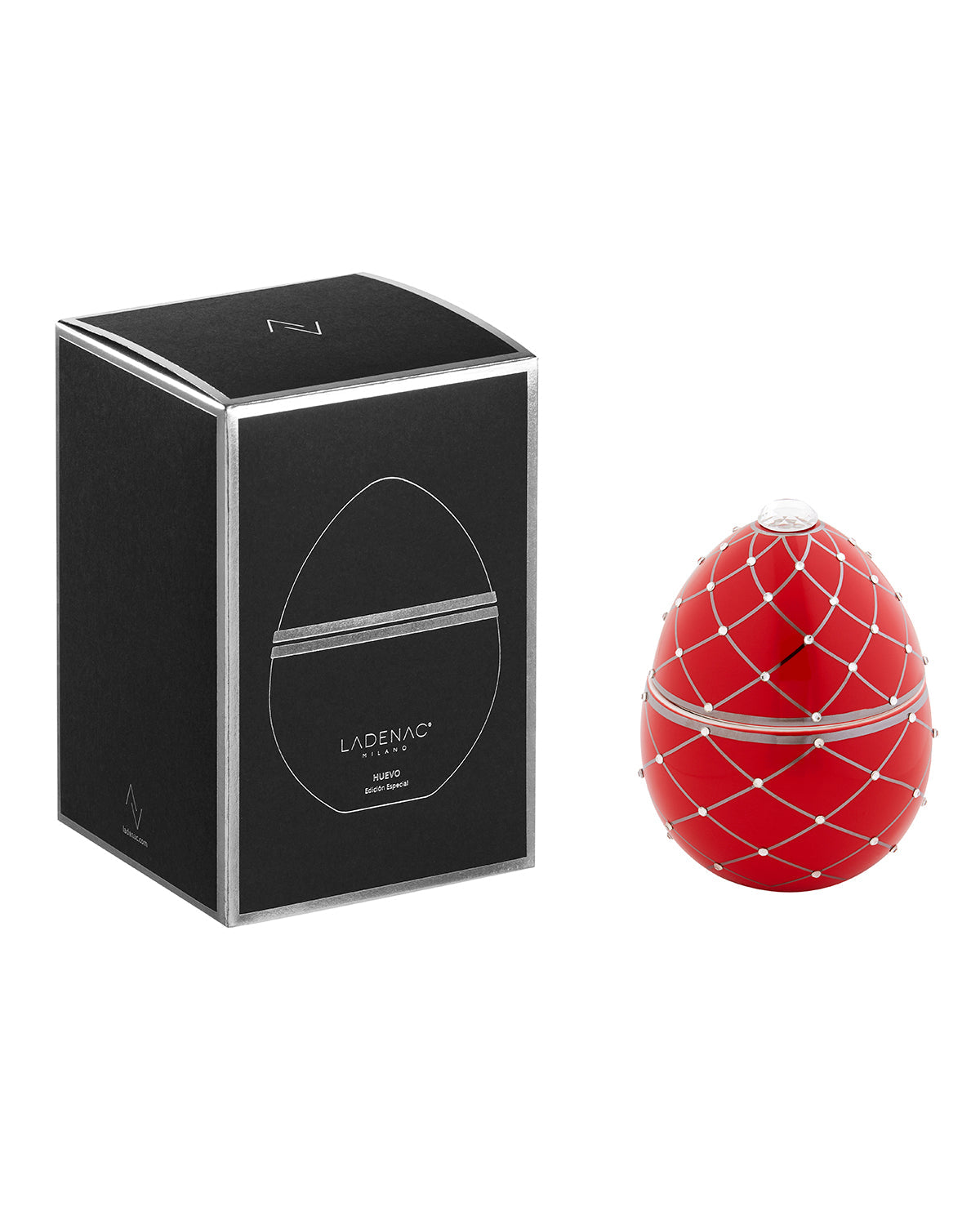 Bois de Russie 450 g ceramic egg candle by Ladenac Milano, Red Silver Stripes egg beside its black gift box