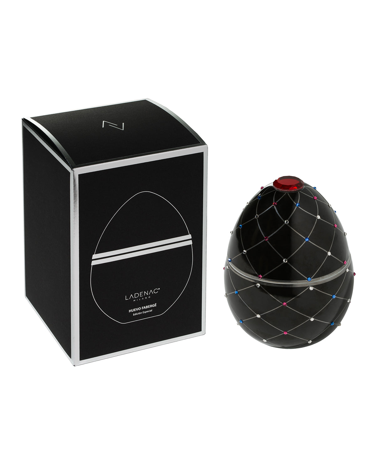 Bois de Russie 450 g ceramic egg candle by Ladenac Milano, Black Silver Stripes egg beside its black gift box
