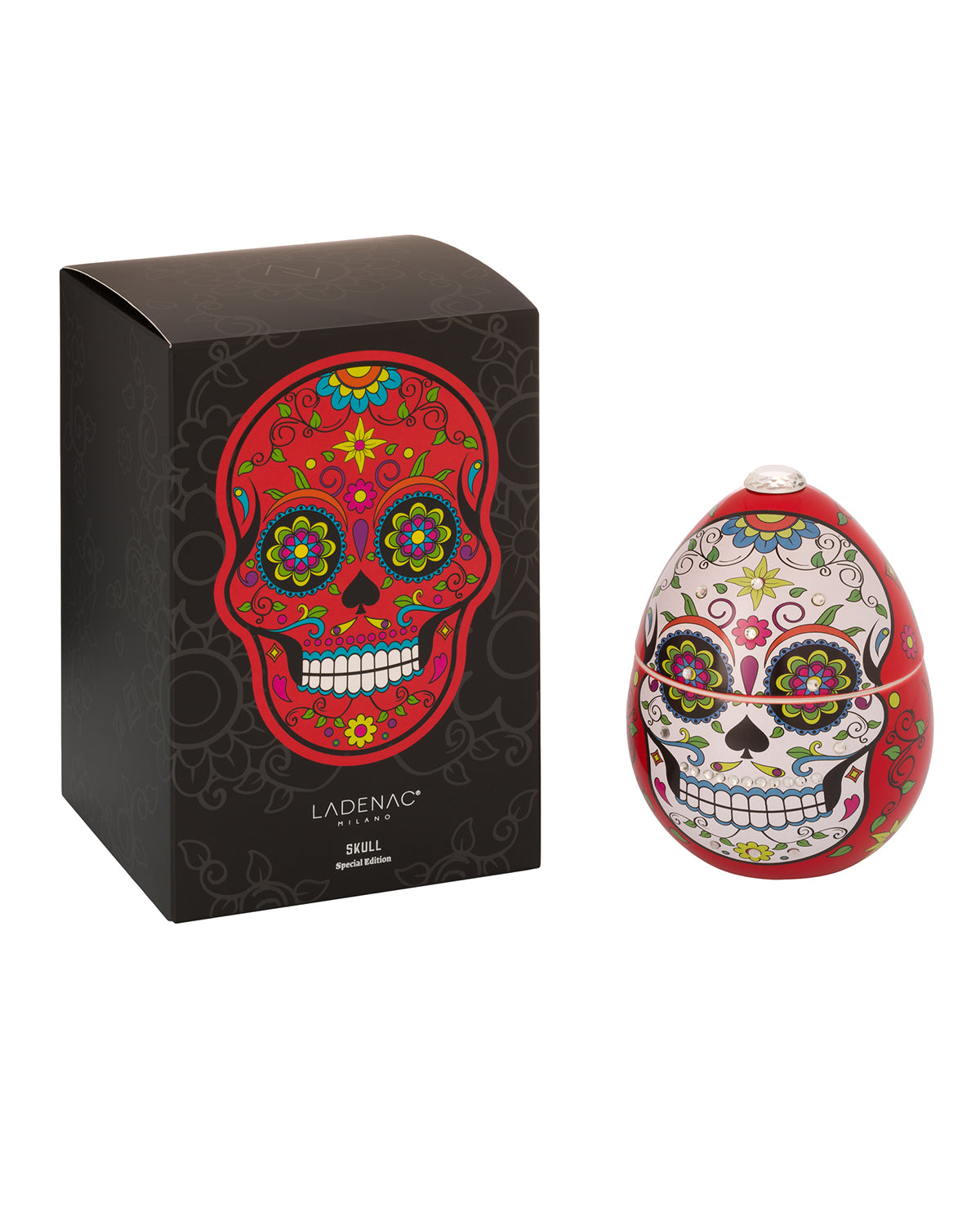 Ladenac Milano Skull ceramic candle 220 g, Red skull beside its black gift box