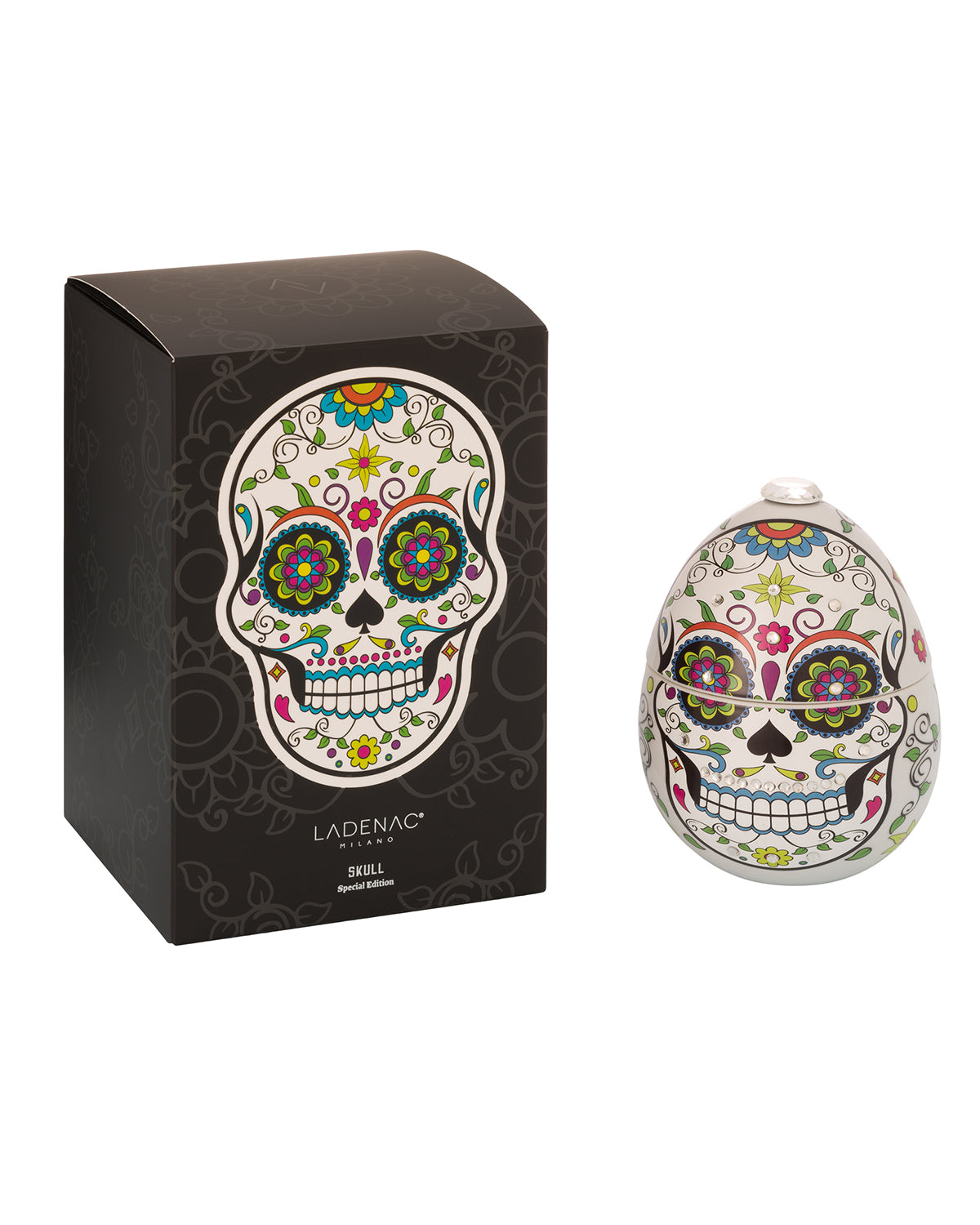 Ladenac Milano Skull ceramic candle 220 g, White skull beside its black gift box