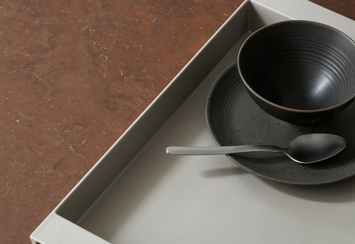 blomus KUMI Stoneware Plates, Reactive Glaze, 5 Sizes – Espresso dessert plate and bowl on a serving tray
