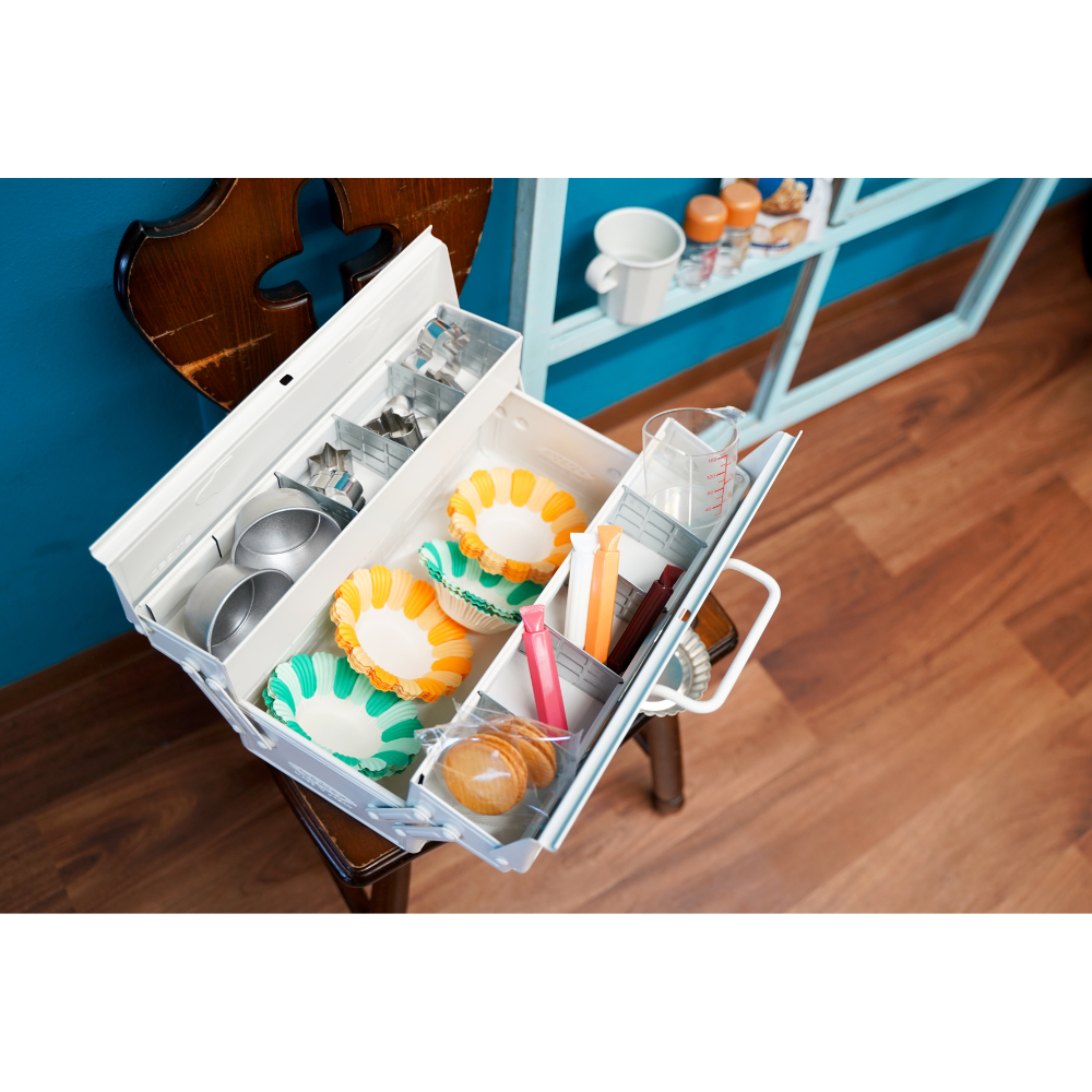 Toyo Steel ST-350 Two-Level Cantilever Toolbox – White in use