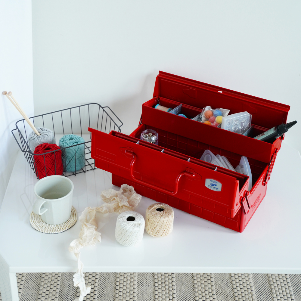 Toyo Steel ST-350 Two-Level Cantilever Toolbox – Red in use