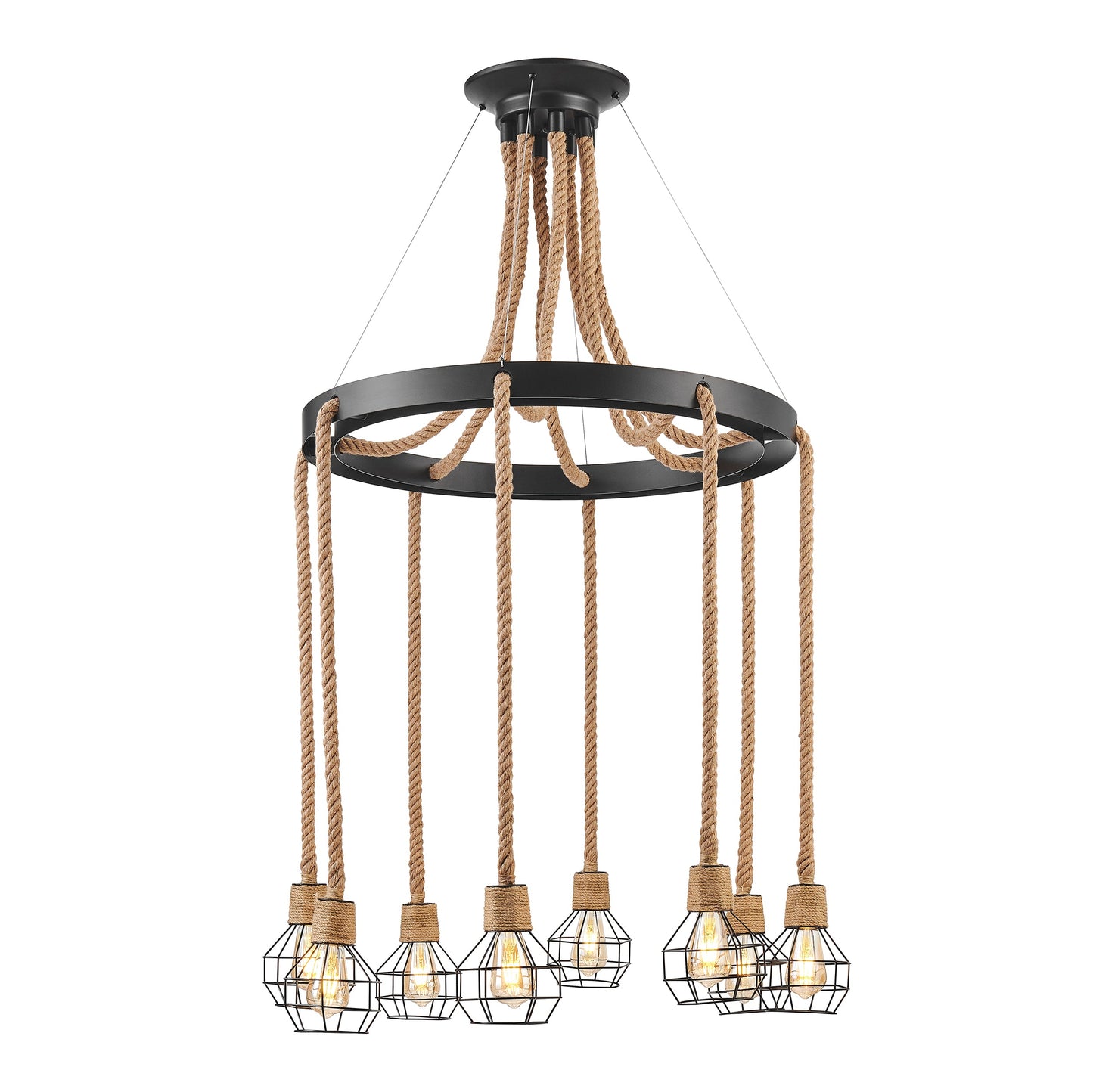 Steel and Ropes 8 Light Chandelier Black by Finesse Decor CH-QT25-1-8B
