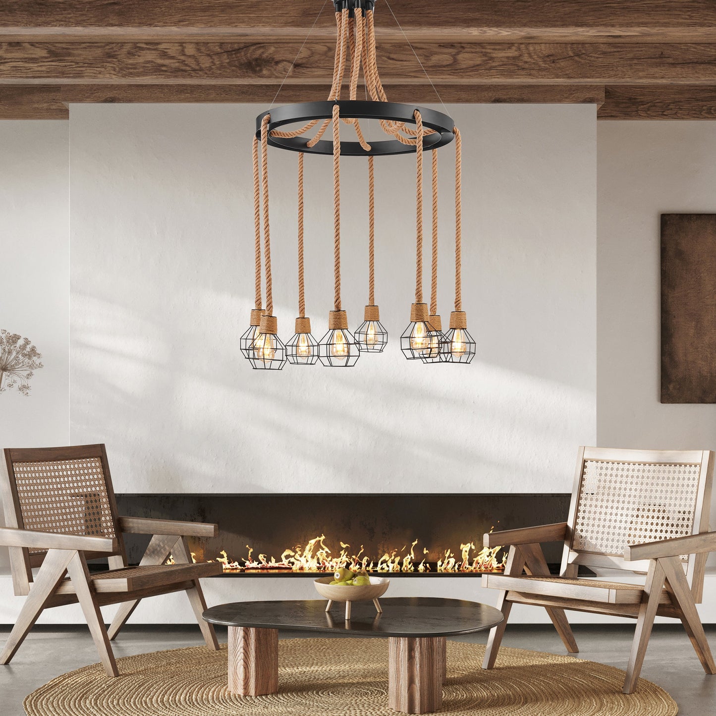 Steel and Ropes 8 Light Chandelier Black by Finesse Decor CH-QT25-1-8B