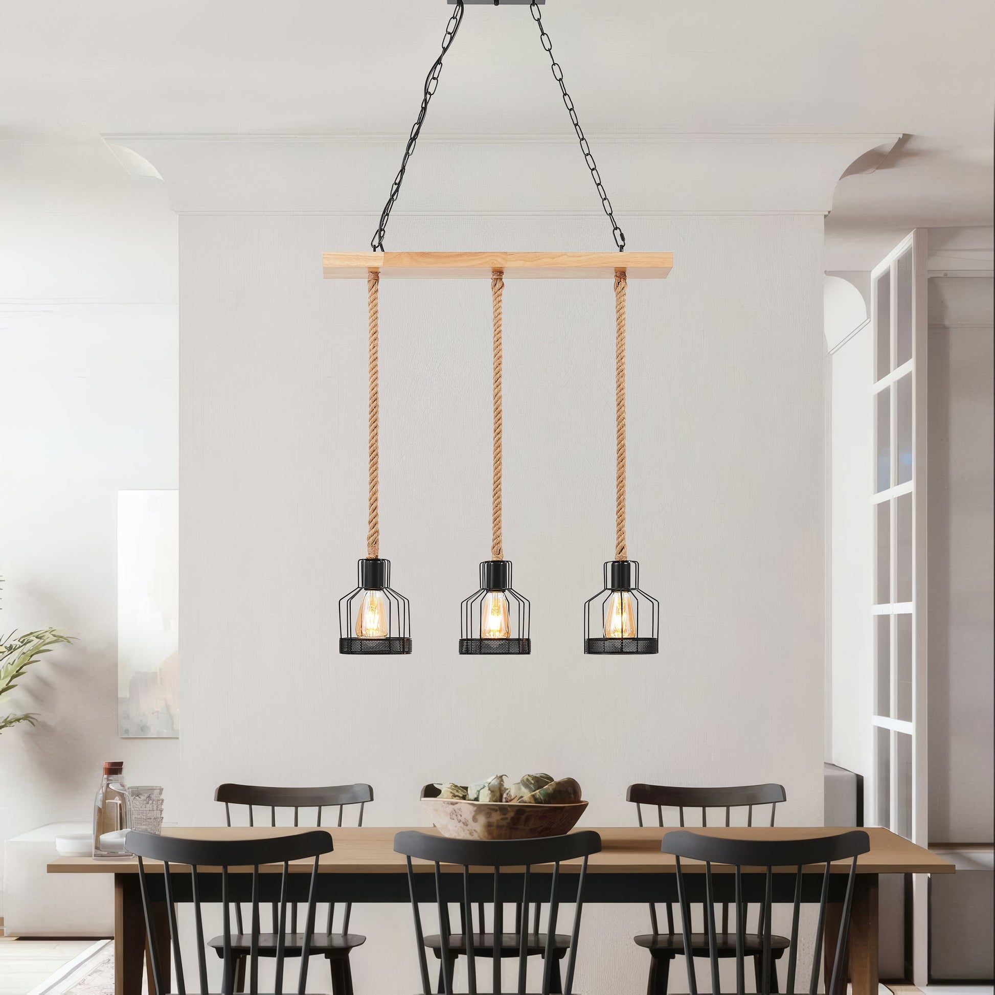 Wood and Ropes 3 Light Chandelier Black by Finesse Decor CH-QT25-1-3WD