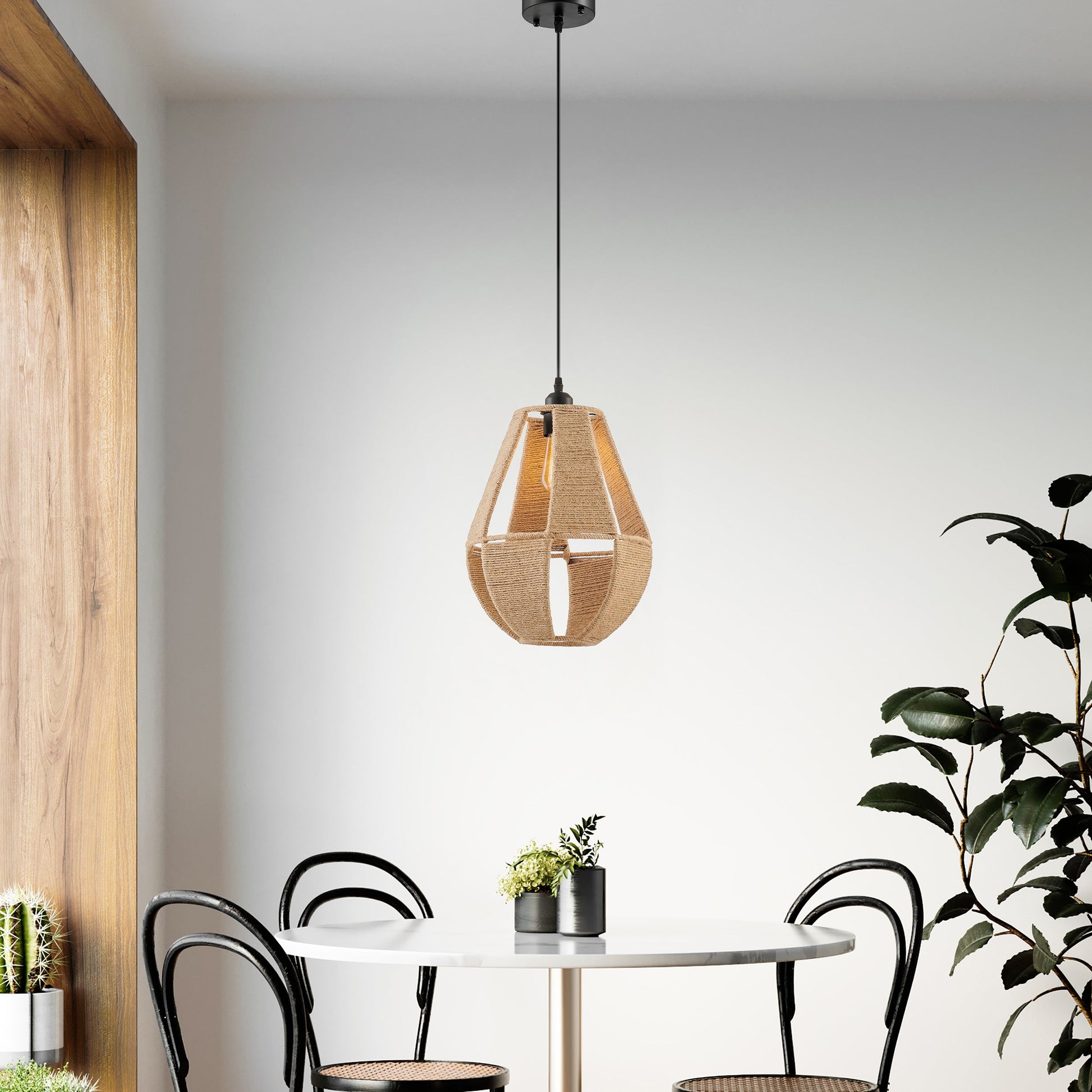 Iron and Ropes 1 Light 12" Diam Pendant Black and Beige by Finesse Decor CH-QT25-1BE