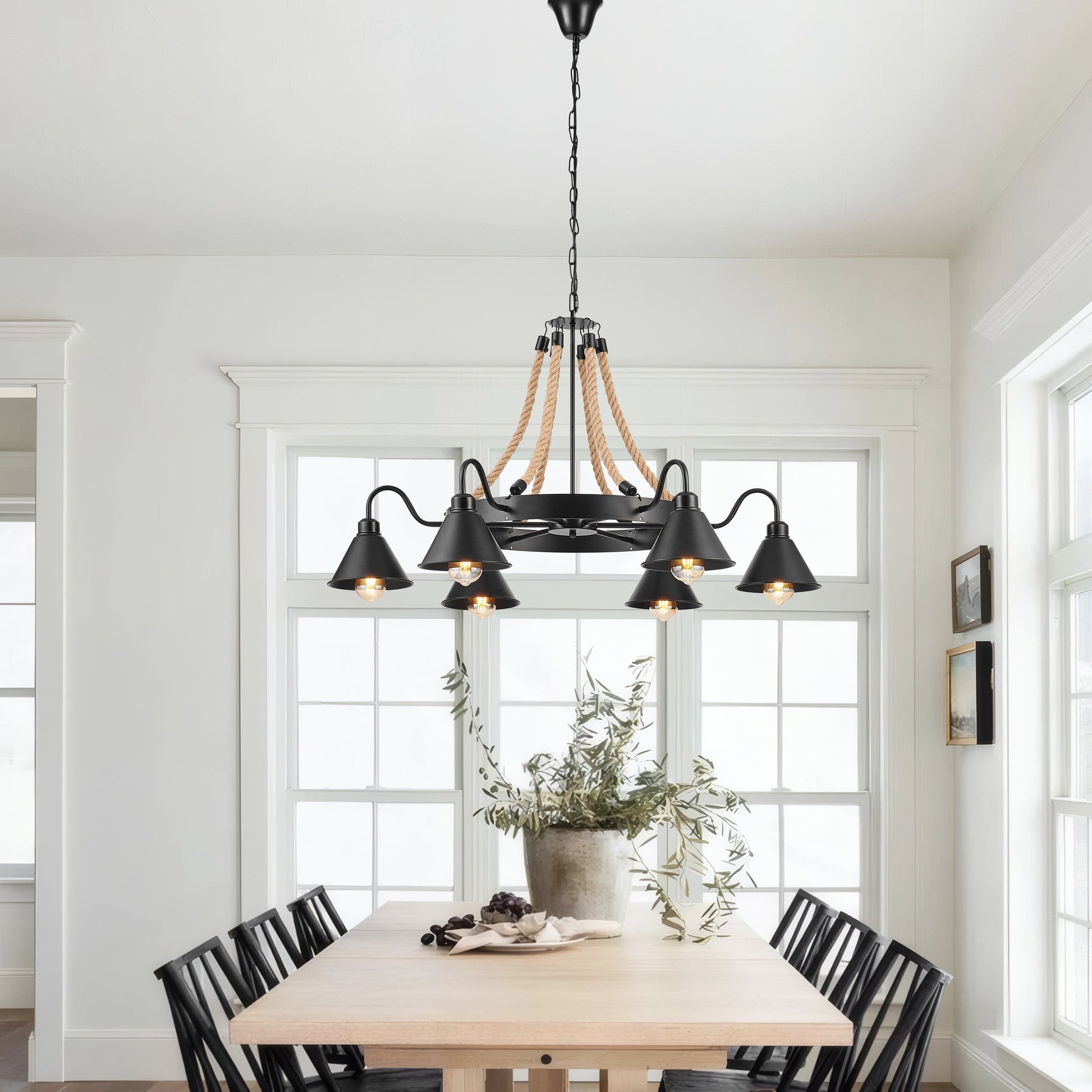 Steel and Ropes 6 Light Chandelier Black by Finesse Decor CH-QT25-1-6B