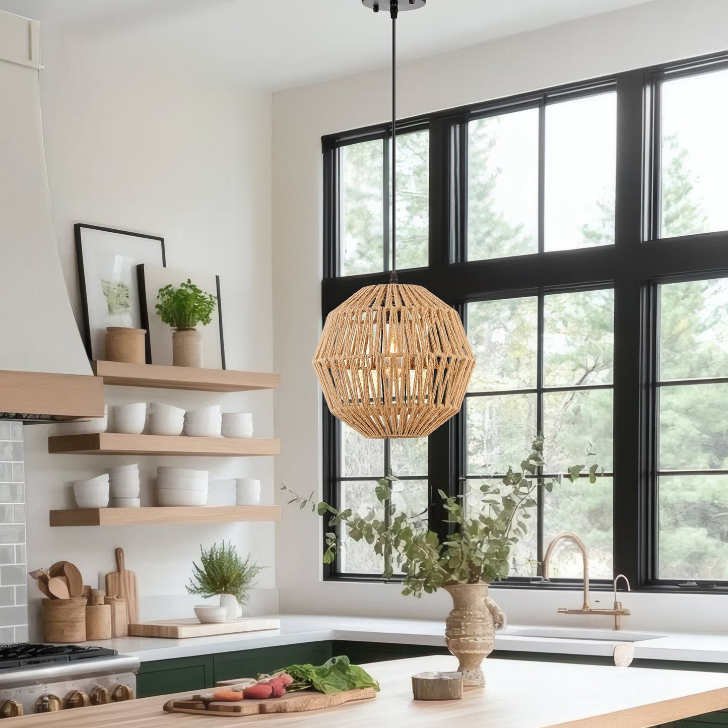 Iron and Ropes 1 Light 11" Diam Pendant Black and Beige by Finesse Decor CH-QT25-1RDB