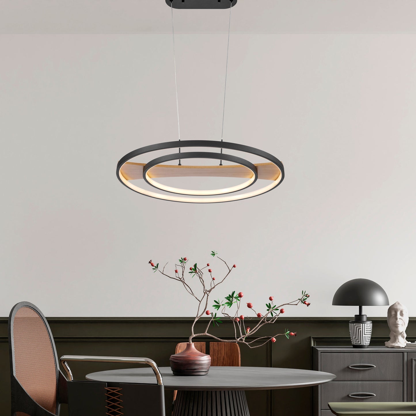 Chandelier Lamp Satin Black & Wood by Finesse Decor CH-M25-2B