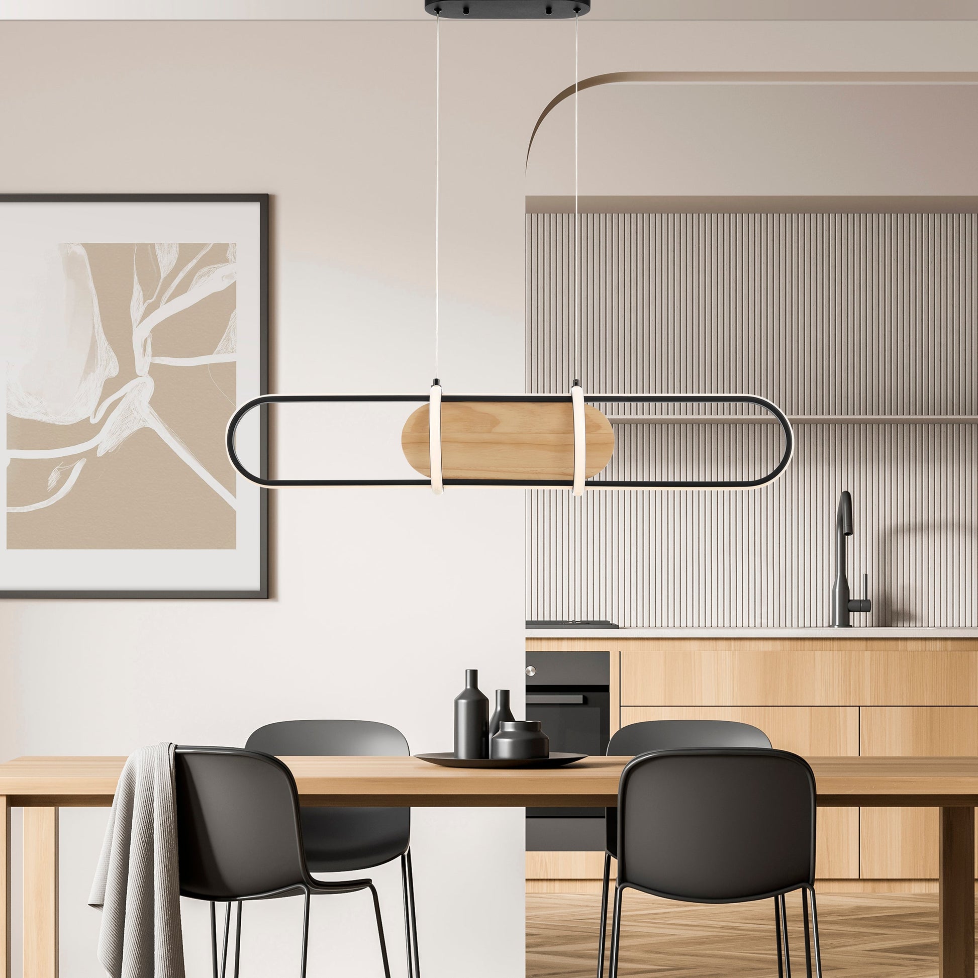 Chandelier Rounded Rectangle Satin Black & Wood by Finesse Decor CH-M25-4B