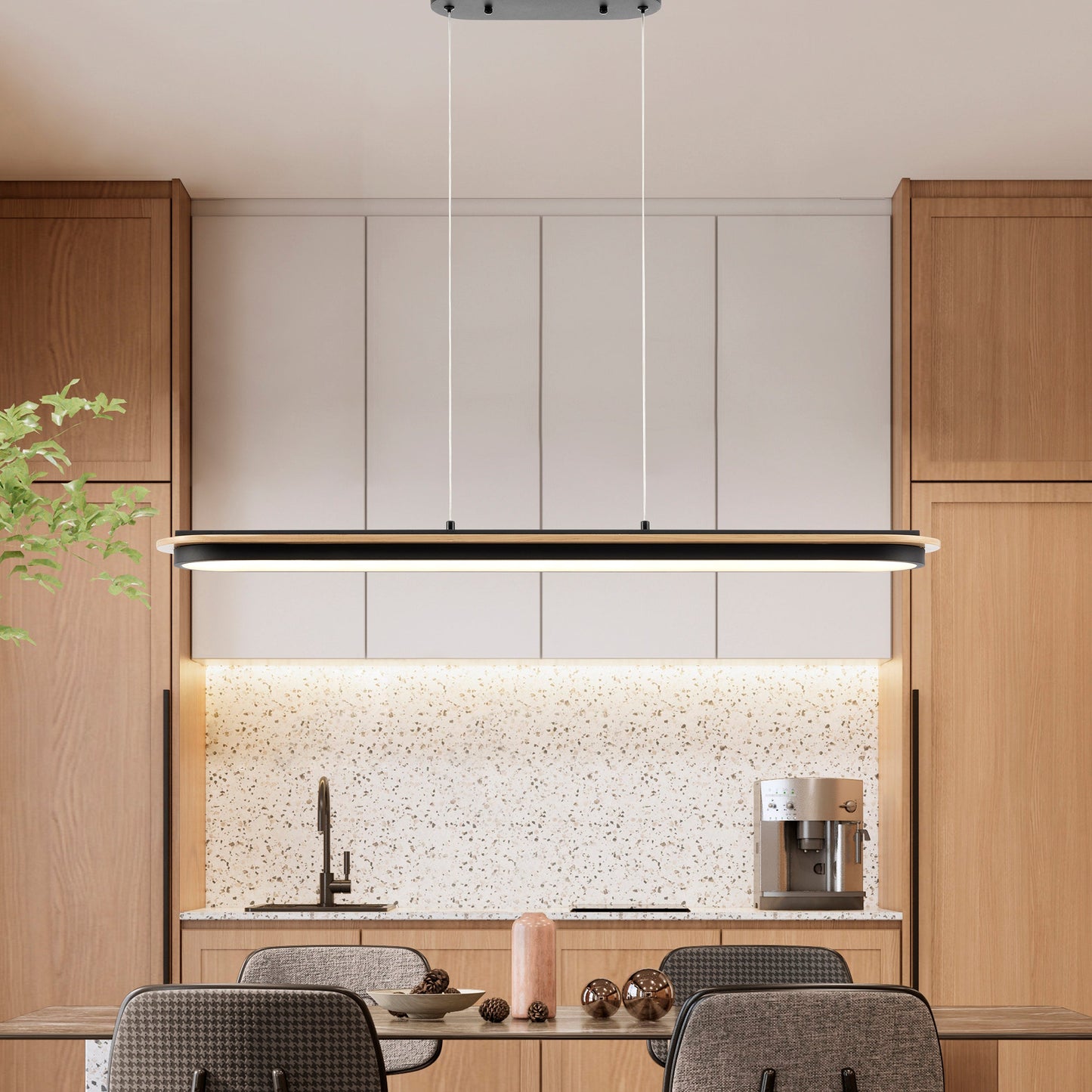 Chandelier Curved Linear Satin Black & Wood - Finesse Decor CH-M25-6B