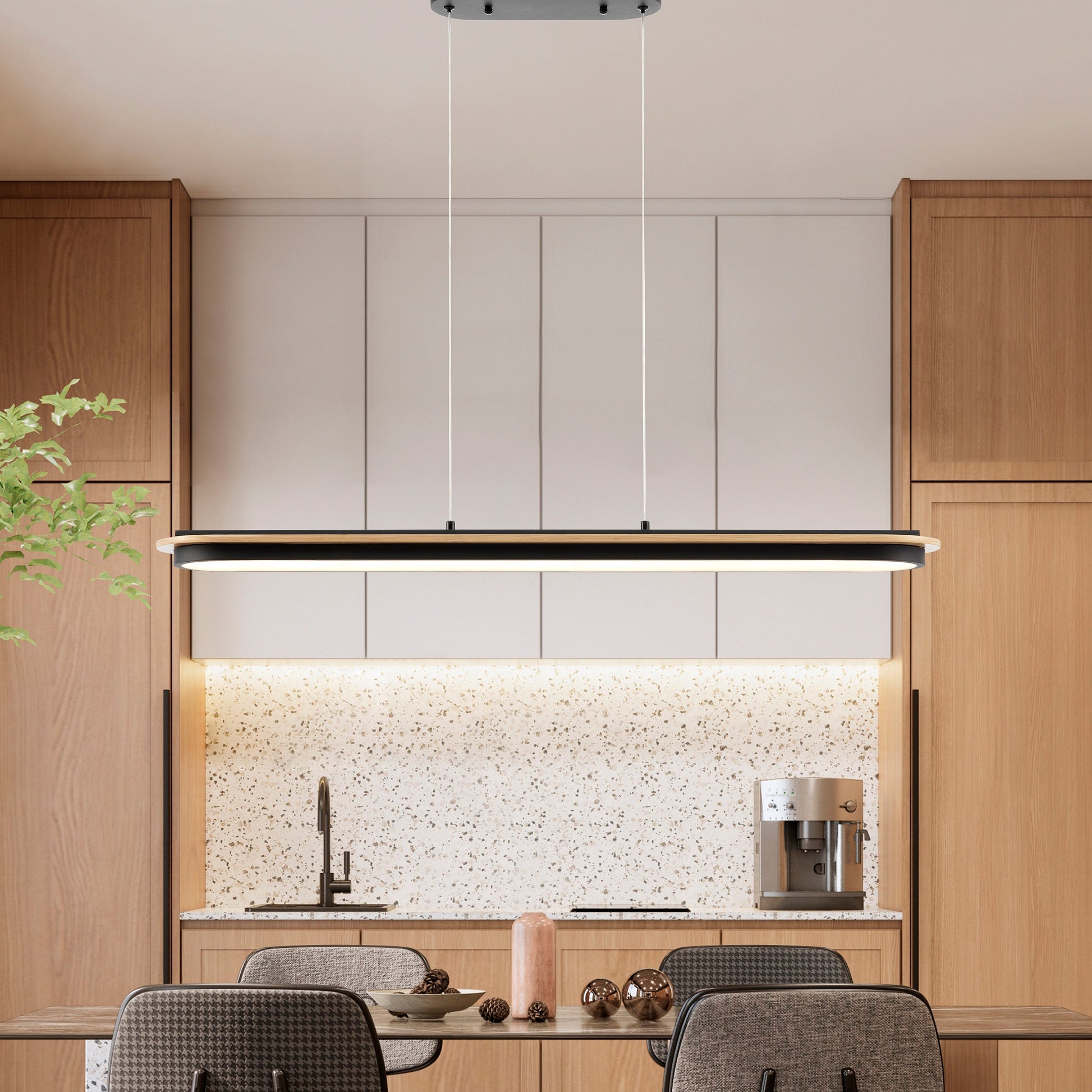 Chandelier Curved Linear Satin Black & Wood - Finesse Decor CH-M25-6B