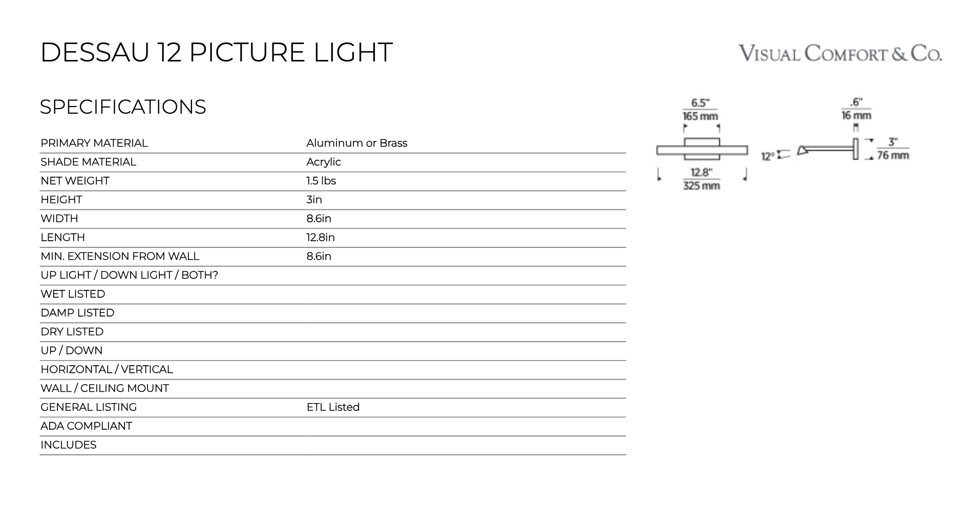 12-inch LED Picture Light Wall Mounted Art Light by Visual & Comfort & Co