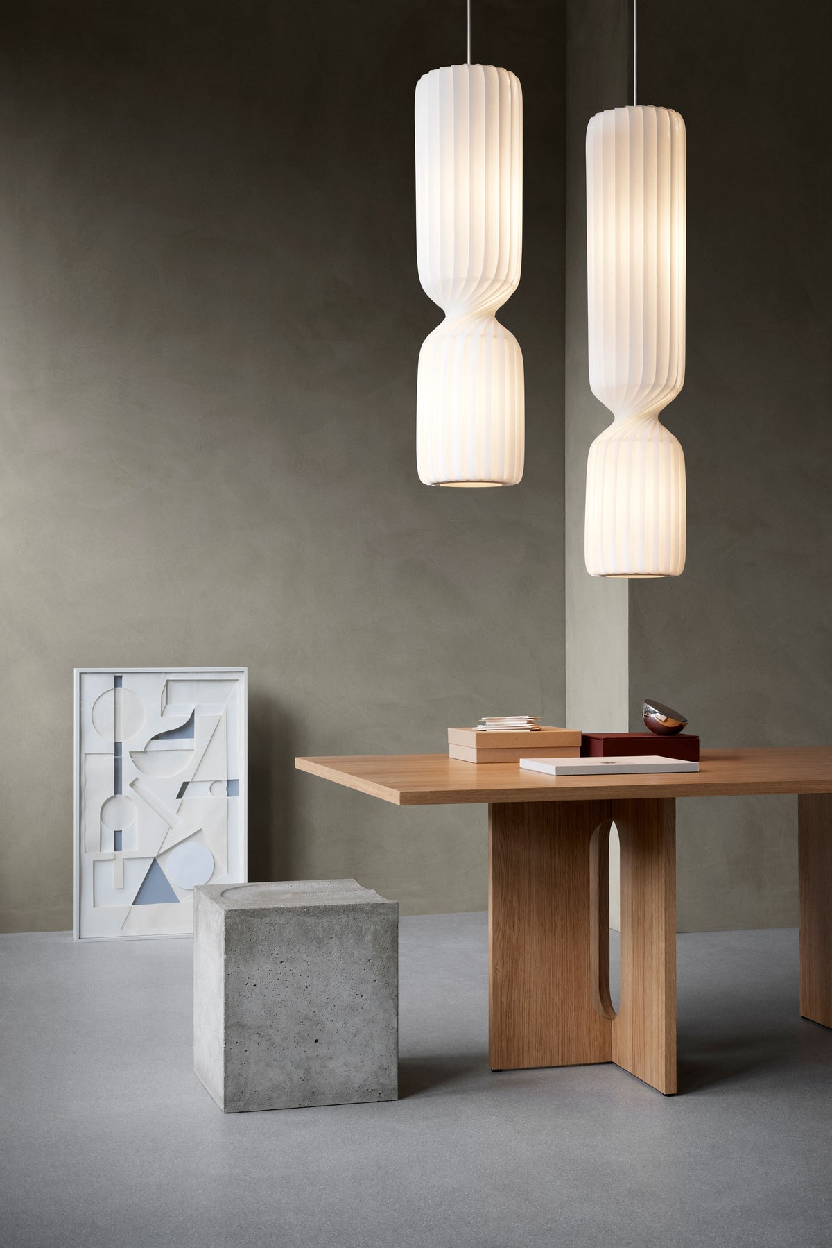 Tom Rossau TR41 pendant light – a pair at different heights, lit