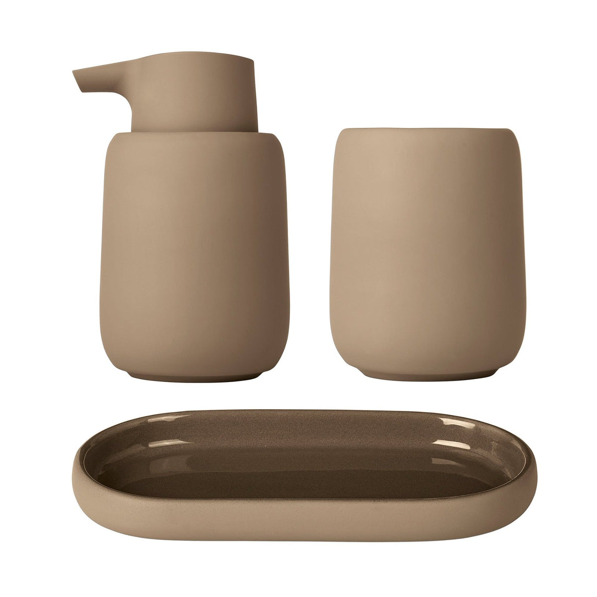 blomus SONO 3-Piece Bathroom Accessory Set – Tan bathroom set, product photo