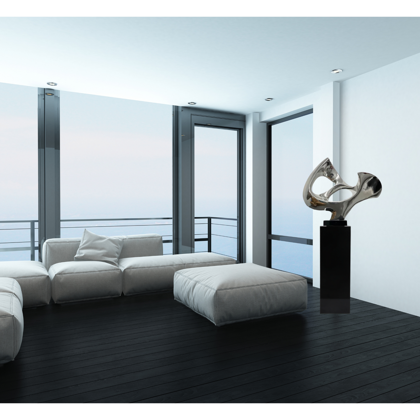 Abstract Mask 54" Tall Floor Sculpture Chrome with Black Stand by Finesse Decor ABS-C/B