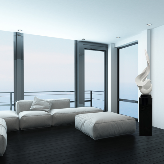 White Flame Floor Sculpture With Black Stand, 65" Tall - Finesse Decor FLAME-W/B