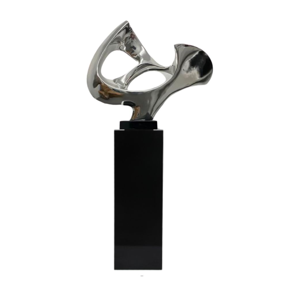 Abstract Mask 54" Tall Floor Sculpture Chrome with Black Stand by Finesse Decor ABS-C/B
