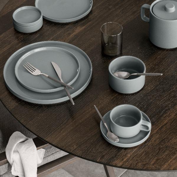 blomus Pilar Coffee Cups with Saucers 7 oz Saucers Mirage Grey Set of 2